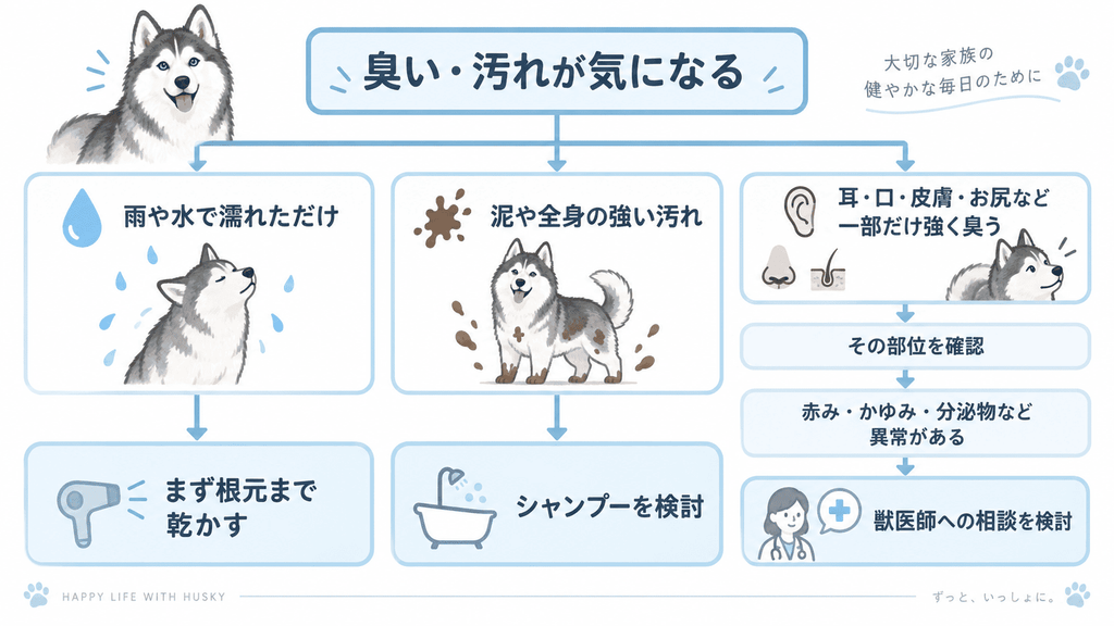 ハスキーをシャンプーするか判断するための臭いと汚れのフローチャート