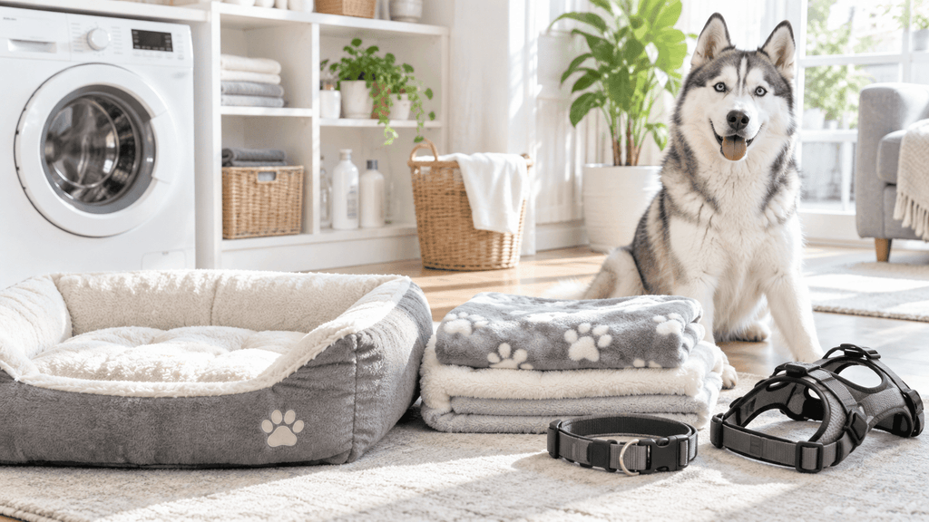 清潔に洗ったハスキーのベッド、首輪、ハーネスなどの犬用品