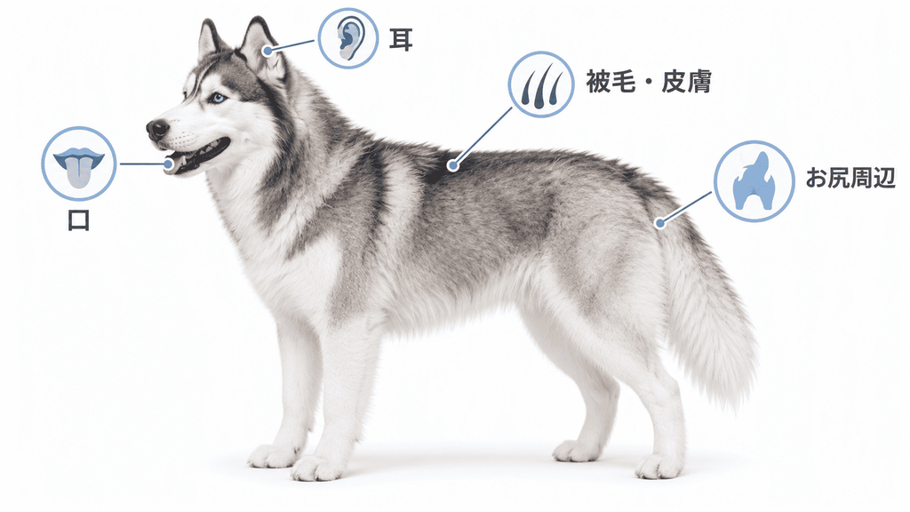 ハスキーの臭いを確認する被毛、皮膚、耳、口、お尻周辺の位置