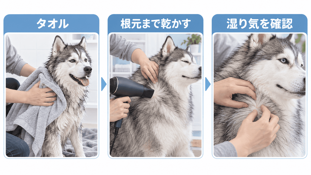 濡れたハスキーをタオルとドライヤーで根元まで乾かす3ステップ