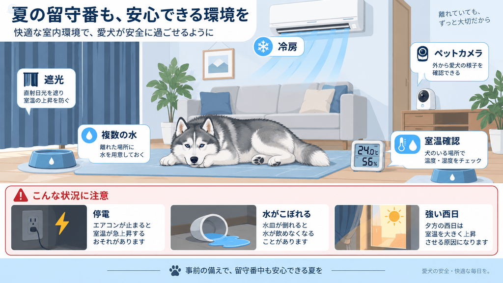 ハスキーの夏の留守番で確認する冷房と給水環境