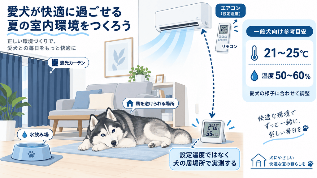 ハスキーが過ごす床付近で温度と湿度を測る室内環境