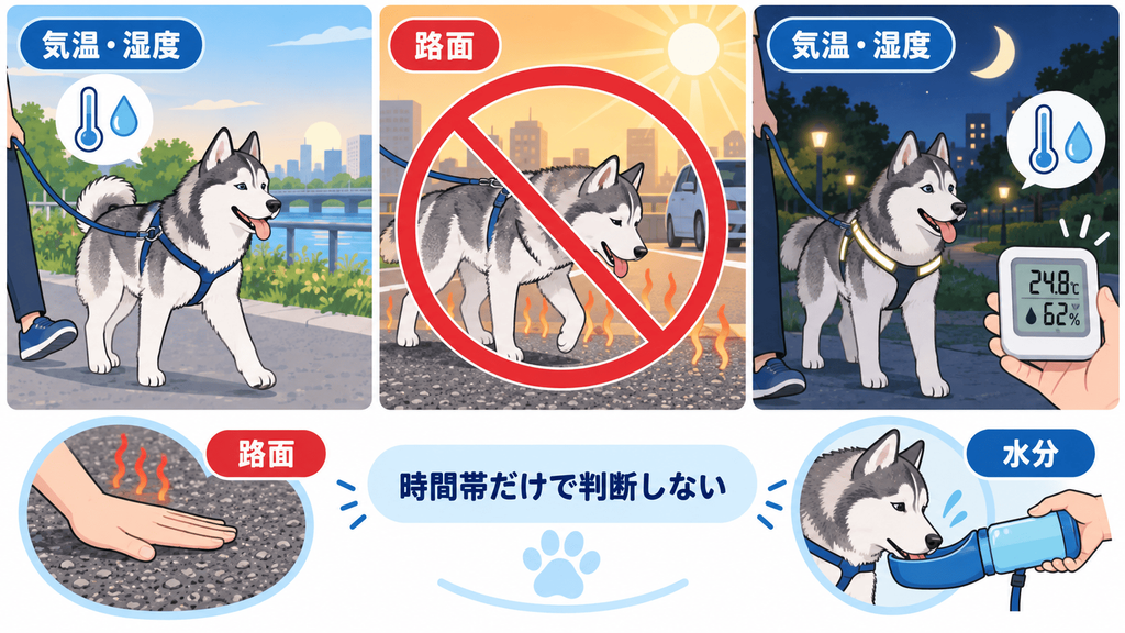 夏のハスキーの散歩時間と路面確認のポイント