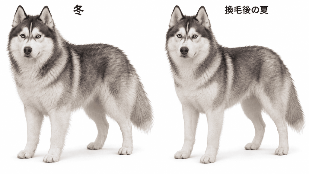 冬と換毛後の夏で変化するハスキーのダブルコート