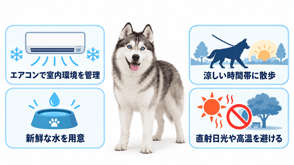 ハスキーの夏の暑さ対策として室内環境、水分、散歩時間を管理するポイント