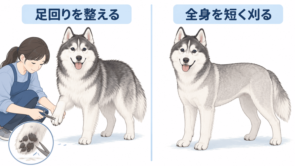 ハスキーの足回りを整えるケアと全身を短く刈るサマーカットの違い