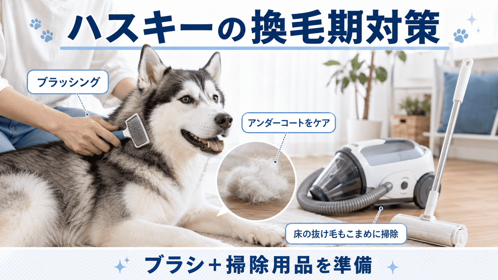 換毛期のシベリアンハスキーをブラッシングして抜けたアンダーコートを処理する様子