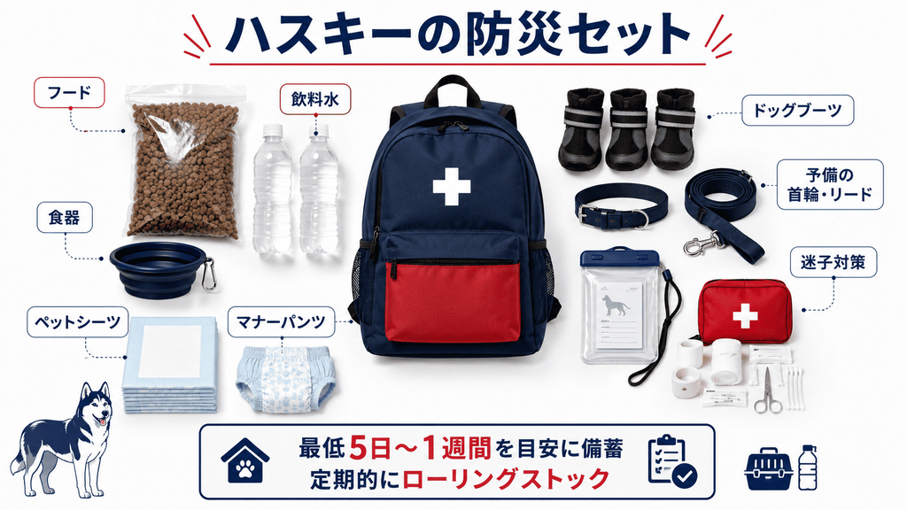 災害時の同行避難に備えて用意したシベリアンハスキー用の防災グッズ一式