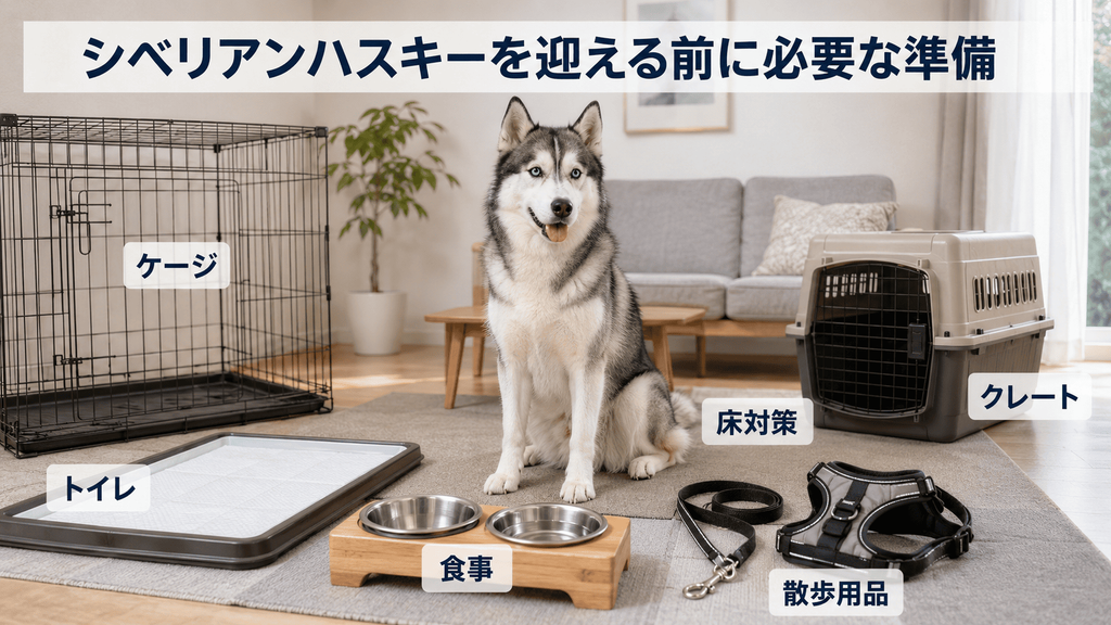 シベリアンハスキーを迎えるためにケージや食器、トイレ用品を準備した室内