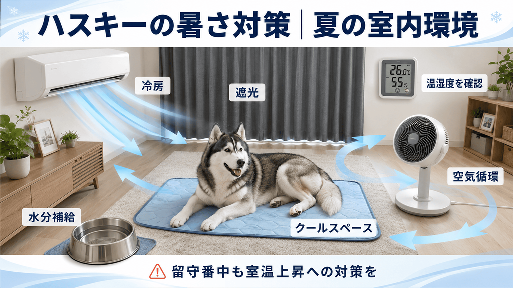 暑さに弱いシベリアンハスキーのためにエアコンや遮光カーテン、クールマットを整えた室内環境