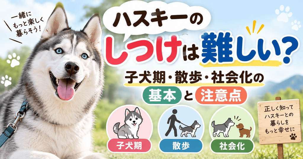 青い目のハスキー犬と「ハスキーのしつけは難しい？ 子犬期・散歩・社会化の基本と注意点」と書かれた解説画像