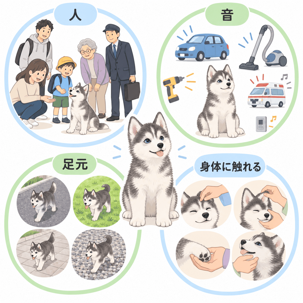 ハスキーの子犬が人や音、足元、身体への接触に慣れる社会化の例