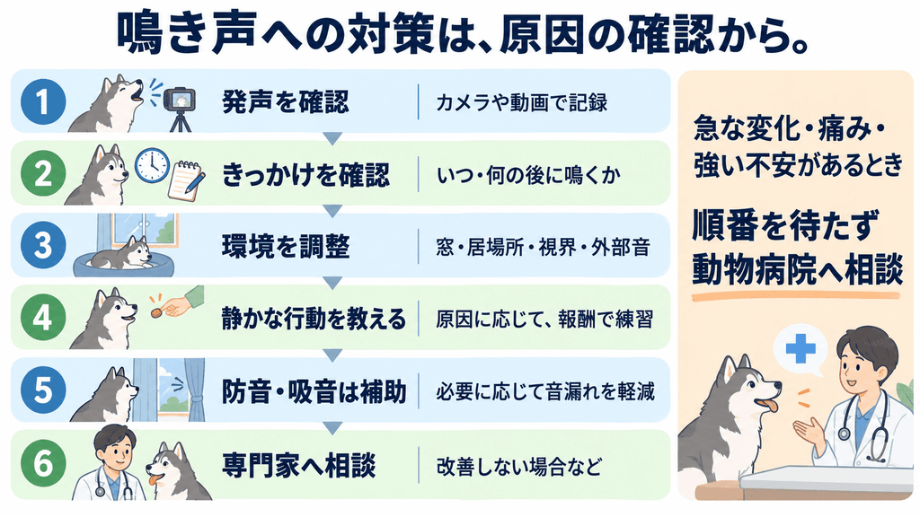 発声の記録、きっかけの確認、環境調整、静かな行動への報酬、防音の補助、専門家相談の対応手順