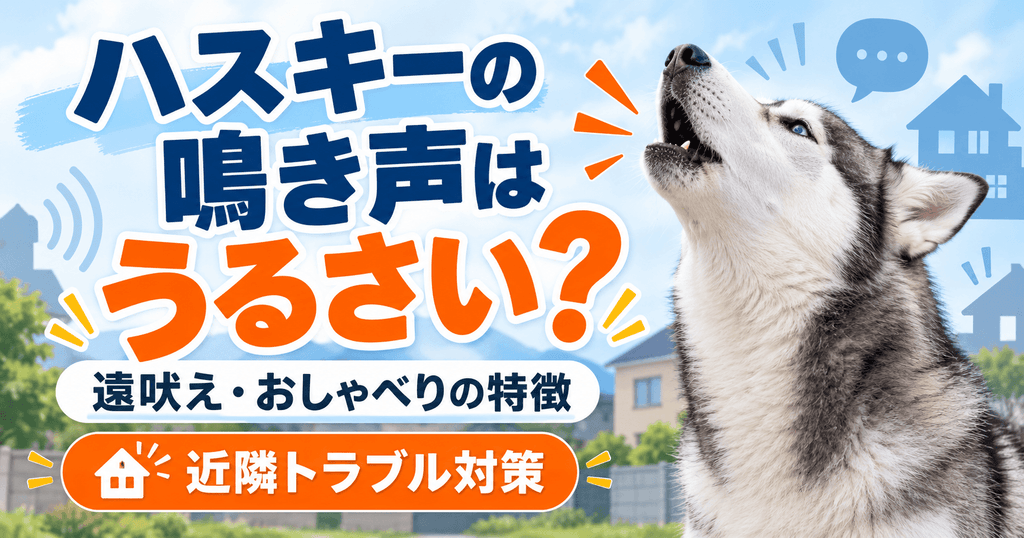 上を向いて遠吠えするシベリアンハスキーと、「ハスキーの鳴き声はうるさい？」「遠吠え・おしゃべりの特徴」「近隣トラブル対策」の文字。