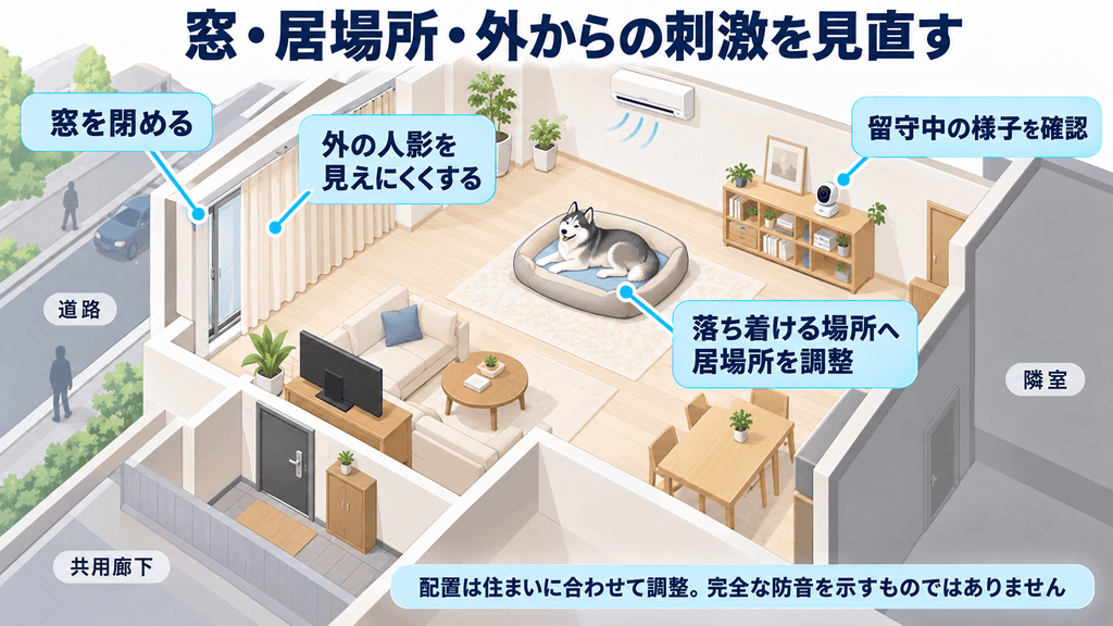 窓や共用廊下からの刺激を減らし、ハスキーの居場所を見直す室内環境の例