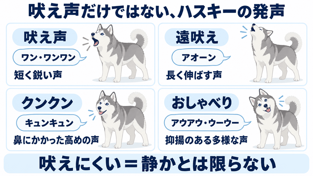 ハスキーの吠え声、遠吠え、クンクン鳴く声、おしゃべりのような声を比較した図解