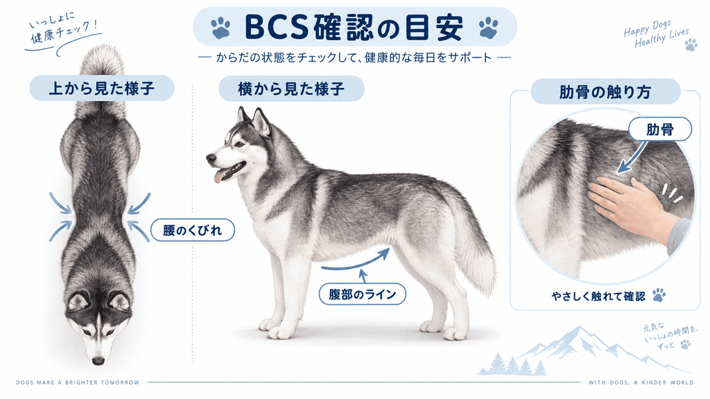 ハスキーのBCSで確認する肋骨、腰のくびれ、腹部のライン