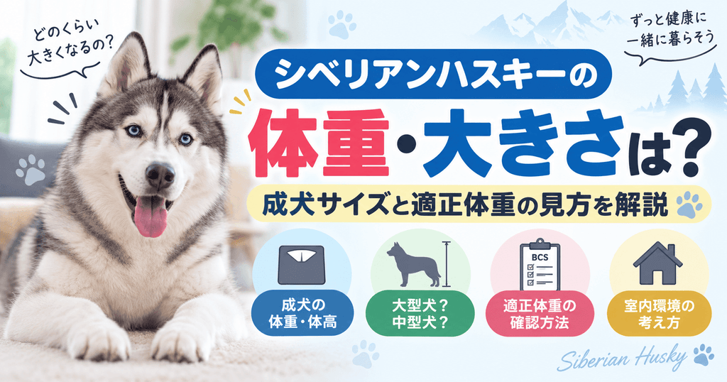 シベリアンハスキーの成犬の体重・体高、犬種サイズ、適正体重の確認方法、室内環境の考え方を解説するイメージ画像