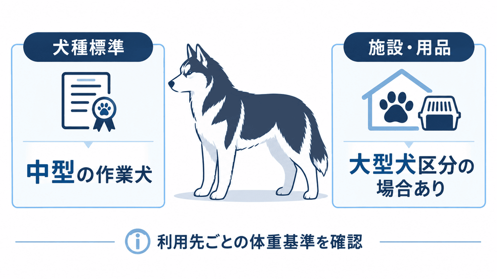 シベリアンハスキーは犬種標準では中型犬だが施設や用品では大型犬扱いになる場合がある