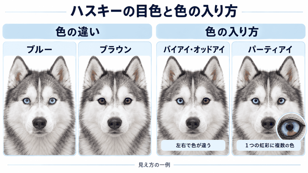 ブルーとブラウンの目色、左右で色が違うバイアイ、1つの虹彩に複数色が入るパーティアイの比較。